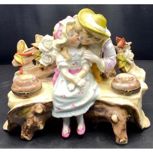 Subject And Inkwell In German Painted Enameled Porcelain Circa 1980