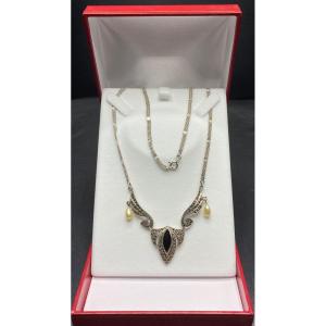 Sterling Silver Marcasite Onyx And Pearl Pendant From The 1930s
