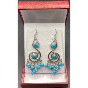 Sterling Silver Earrings, Turquoises From The 1970s, Foreign