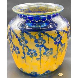 Huge Multiple Layered Glass Vase, Blown Acid Etched Schneider  Circa 1925
