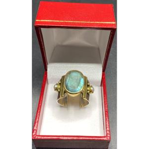 Important Sterling Silver Vermeil Pearl And European Labradorite Ring From The 2000s