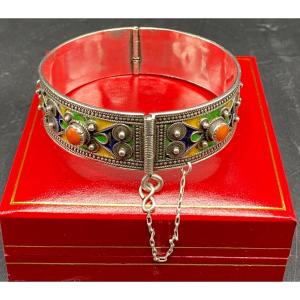 Bracelet In Sterling Silver Enamels And Berber Coral Cabochons Circa 1920