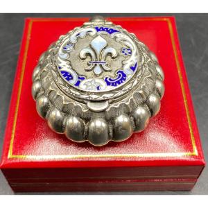 Pill Box In Silver Metal And French Champlevé Enamel Late 19th Century