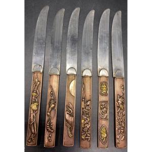A Set Of Six Japanese Brass And Steel Kozaka Knives From The 1900s