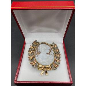 Gold And Silver Shell Cameo, Diamonds And Rubies, Italy Circa 1900