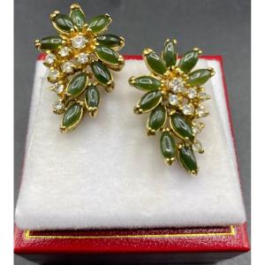 A Pair Of Gold Plated Jade And Cubic Zirconia Earrings Circa 1980 Chinese