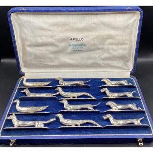 Twelve 1930s Silver Metal Knife Holders By Apollon 