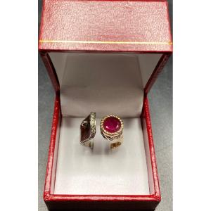 Sterling Silver Half Vermeil Ring With Zirconia And European Almandine Garnet Circa 1940
