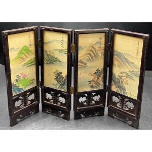 Small Screen In Patinated Exotic Wood And Miniatures Painted On Silk China 1940/50