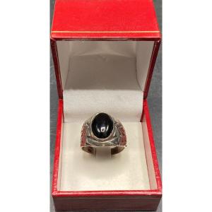 Large And Big 1930s European Sterling Silver Onyx Cabochon Ring