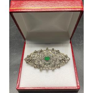 French Sterling Silver And Crystal Brooch Circa 1900