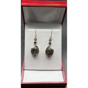 Pair Of 1980s European Sterling Silver Labradorite Cabochon Stud Earrings
