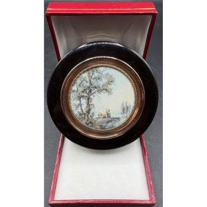 Round Box In Gold Tortoiseshell And French Miniature 1789-1809 Paris