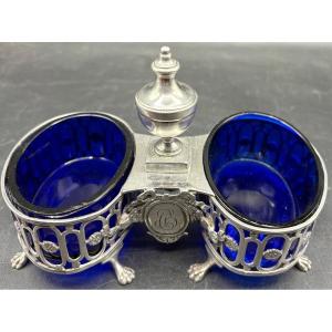 Double Salt Cellar In Solid Silver And Sevres Crystal, 18th Century French - Paris