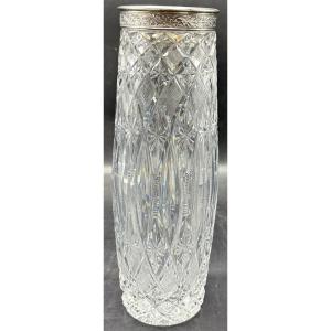 Russian Cut And Blown Crystal And Sterling Silver Vase Circa 1958