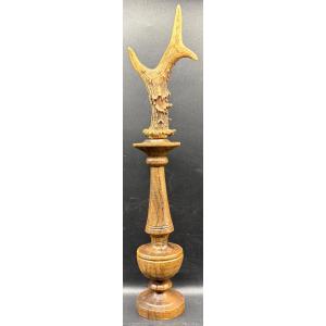 Hunting Trophy Deer Antlers On Turned Beech Base 19th Century French