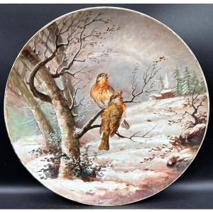 Large Decorative Plate In Painted Enamel Porcelain, Old Paris, Late 19th Century