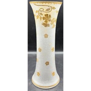 1900s Saint Louis Acid-etched, Gold-enameled Blown Crystal Vase