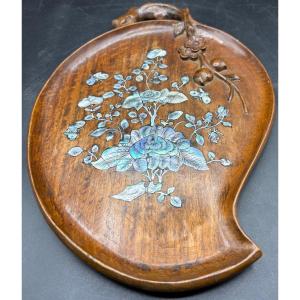 Carved Wooden Serving Tray With Asian Mother-of-pearl Inlay, 1900s/20s