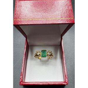 18k Yellow Gold Emerald And Diamond Ring From The 1930s/40s Foreign 