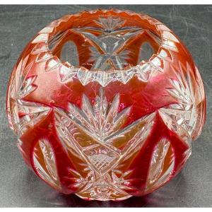 Small 1930s Saint Louis Overlay Cut Blown Crystal Ball Vase 