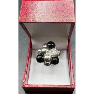 1980s French Onyx And Zirconium Oxide Sterling Silver Ring