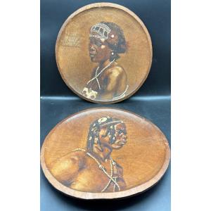 Pair Of Portraits On Wood Painted By Roger Roussel From The Years 1949