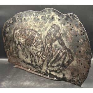 Wrought Iron Plaque Engraved With Patination From The 2006s Signed Ta On Bullfighting 