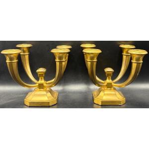 Pair Of 1930s Gilt Bronze Candlesticks By Silversmith Mourrier