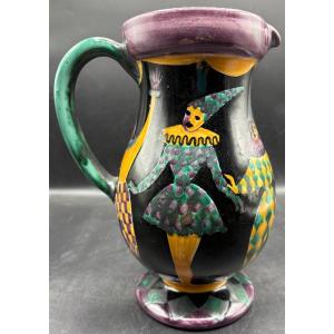 1950s Brush-painted Glazed Earthenware Water Pitcher Or Other By Ga