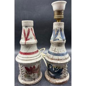 A Pair Of Painted Enamel Terracotta Lamps From The 1950s/60s By Raynaud / Le Mûrier 
