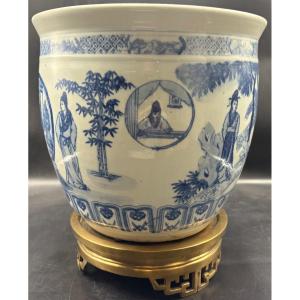 1900s Chinese Painted Enamel Porcelain Planter Or Basin With Bronze Base
