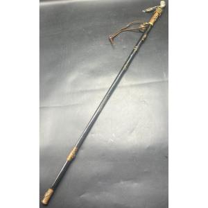 French Souvenir Cane In Wood, Brass And Various From The 1945/50s 