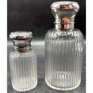 Two Bottles In Cut Blown Crystal And Silver-plated Metal From The 1930s By Saglier Frères
