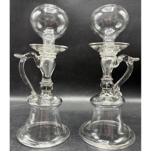 Pair Of 18th Century French Blown Glass Lacemaker's Lamps