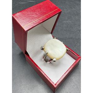 Large Mixed Ring In Sterling Silver And Cut Mother-of-pearl From The 1980s, French 