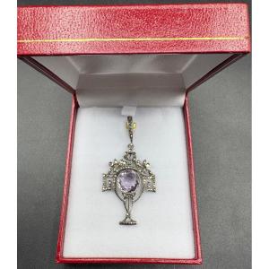 Art Nouveau Pendant In Solid Silver With European Amethyst And Marcassites From The 1900s