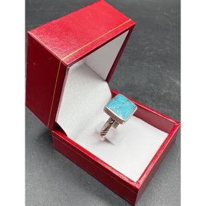 Men's Solid Silver And Turquoise Intaglio Ring From The 1950s/60s From India