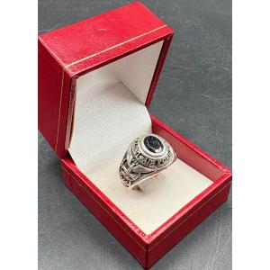 Men's Unisex American Ring In Solid Silver And Carved Onyx From The 1940s/50s