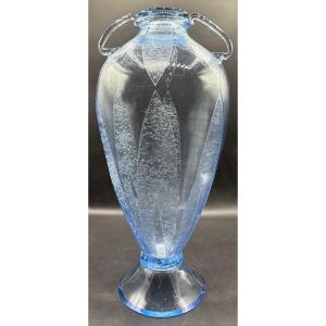 Large Hand-blown Glass Vase, Acid-etched, From The 1930s, Signed Bayel