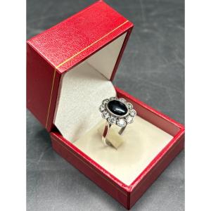 Women's Solid Silver Ring With Cut Onyx And Zirconium Oxides, Circa 1930/40, French