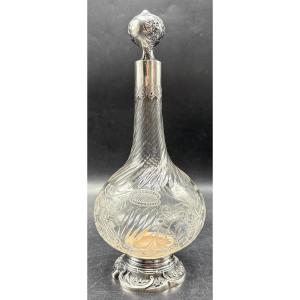 Late 19th Century Saint Louis Cut And Engraved Blown Crystal Alcohol Decanter With Solid Silver Mount