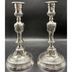 A Pair Of 18th Century French Silvered Bronze Candlesticks