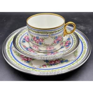 A Limoges Enameled Porcelain Lunch Set, Painted And Gilded, And Solid Silver, From The 1900s