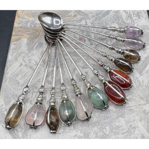 Twelve Solid Silver And Semi-precious Stone Mocha Or Tea Spoons, 1920s, From Brazil 