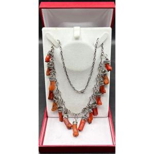 Berber Solid Silver And Coral Necklace From The 1900s 