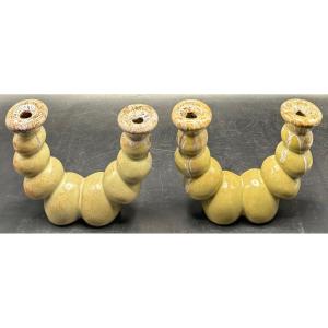 Pair Of Glazed Ceramic Table End Tables From The 1950s, Vallauris