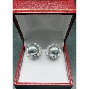 Pair Of Solid Silver Earrings With Cultured Pearl And Tahiti Zirconium Oxides
