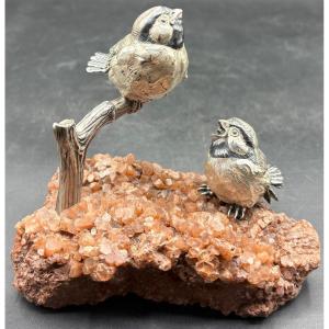 Silver-plated And Patinated Sparrow Subject On Quartz By Celero, Spain, 1920s/30s