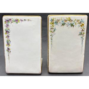 Two Enameled Porcelain Menu Holders Signed Delvaux Paris From The 1920s/30s